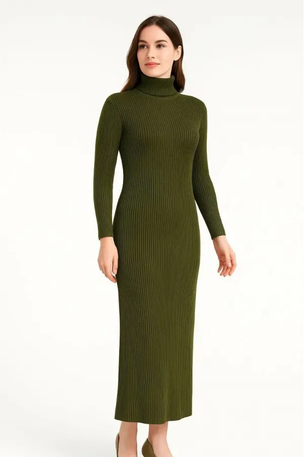 Kadın Boğazlı Triko Elbise – Uzun Fitilli Esnek Dokuma, Tam Kalıp, Kışlık & Baharlık Şık Rahat Stil, 130 cm Midi Boy Elbise - Haki