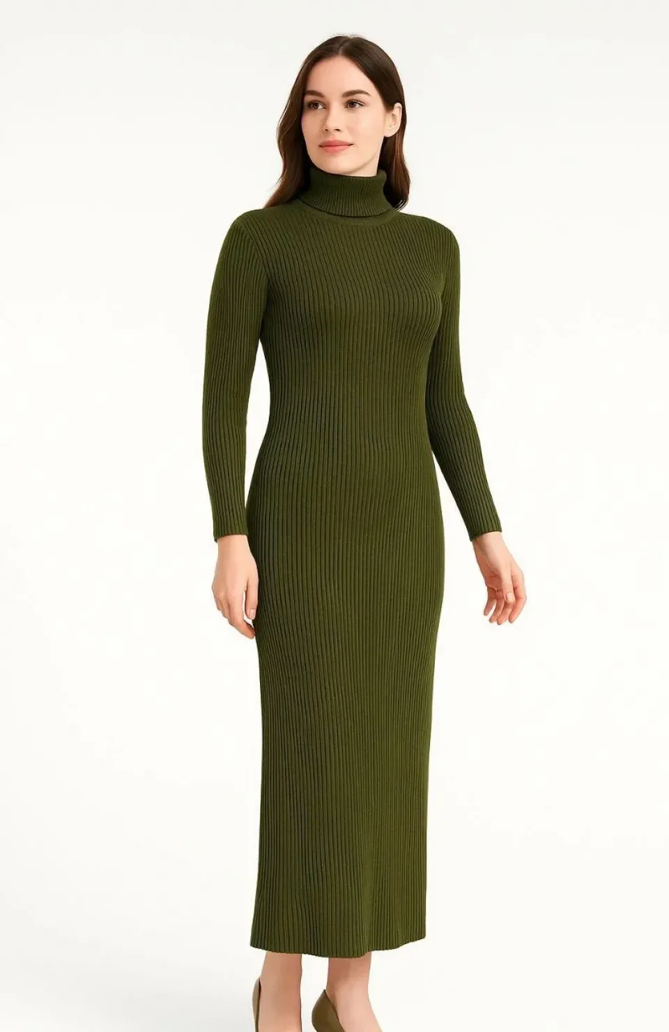Kadın Boğazlı Triko Elbise – Uzun Fitilli Esnek Dokuma, Tam Kalıp, Kışlık & Baharlık Şık Rahat Stil, 130 cm Midi Boy Elbise - Haki