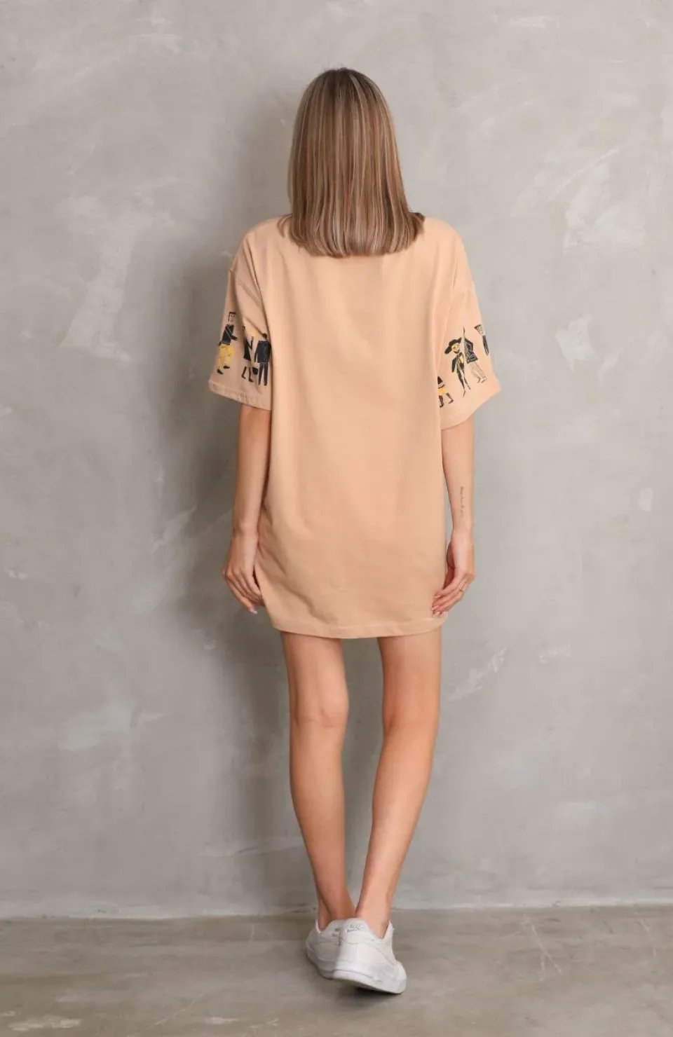 Unisex Bisiklet Yaka Baskılı Oversize T-Shirt - Bej