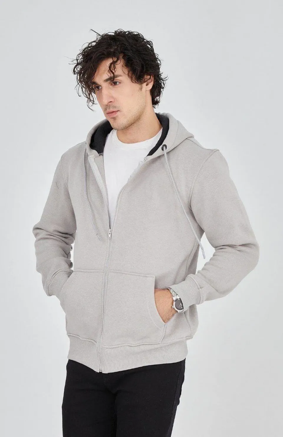 Erkek Kapüşonlu Düz Fermuarlı Hırka - Boyalı Gri Somersan Giyim | Kadın, Erkek ve Çocuk Moda