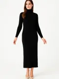 Kadın Boğazlı Triko Elbise – Uzun Fitilli Esnek Dokuma, Tam Kalıp, Kışlık & Baharlık Şık Rahat Stil, 130 cm Midi Boy Elbise - Siyah