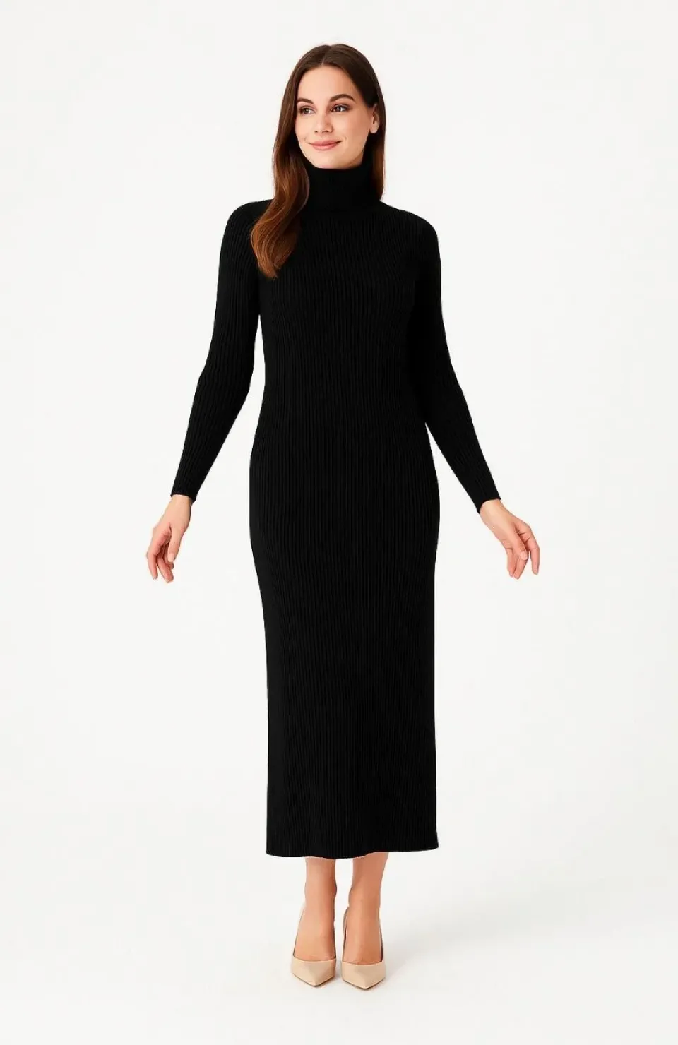 Kadın Boğazlı Triko Elbise – Uzun Fitilli Esnek Dokuma, Tam Kalıp, Kışlık & Baharlık Şık Rahat Stil, 130 cm Midi Boy Elbise - Siyah