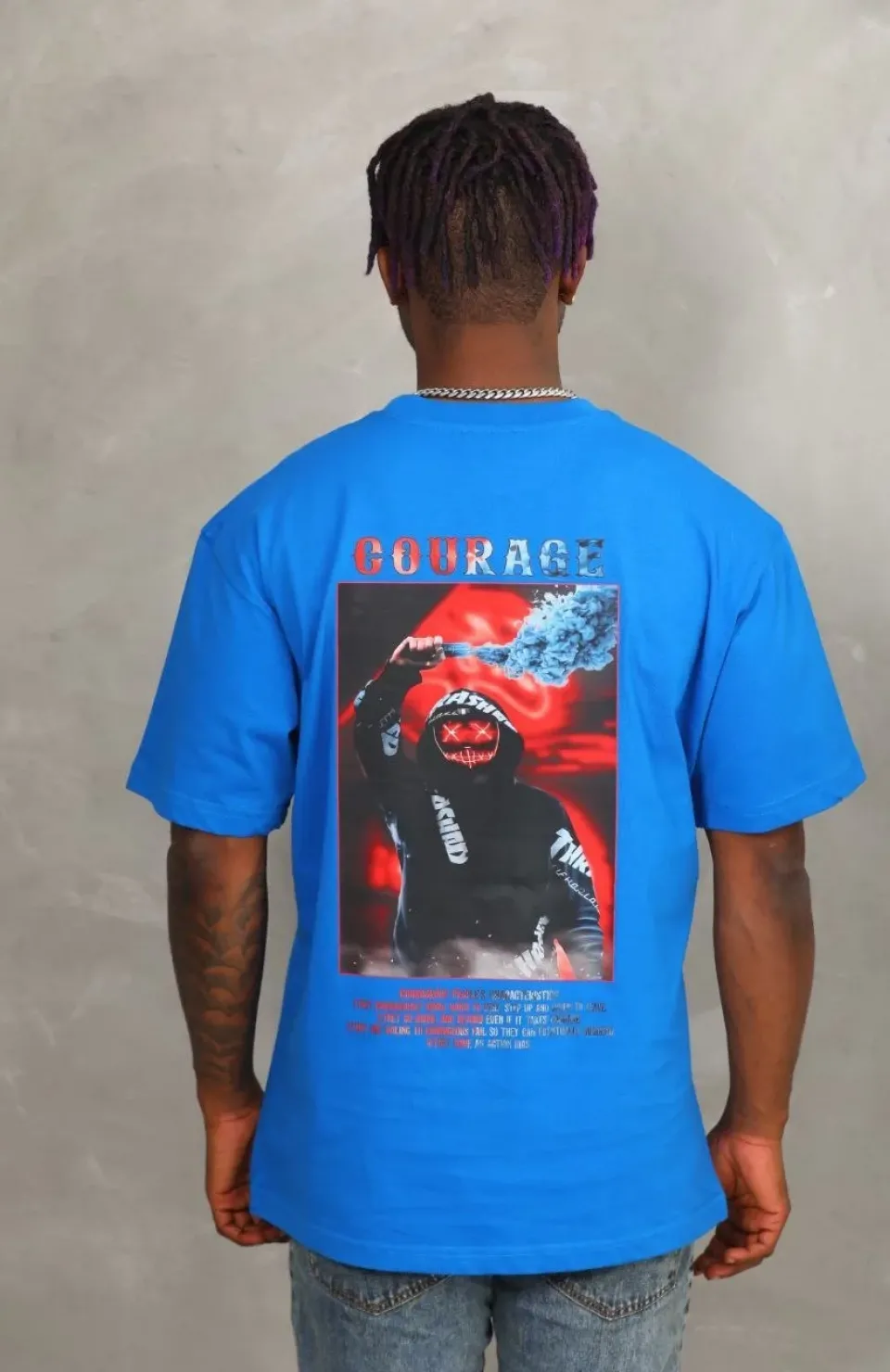 Unisex Oversize Baskılı Bisiklet Yaka T-Shirt - Mavi