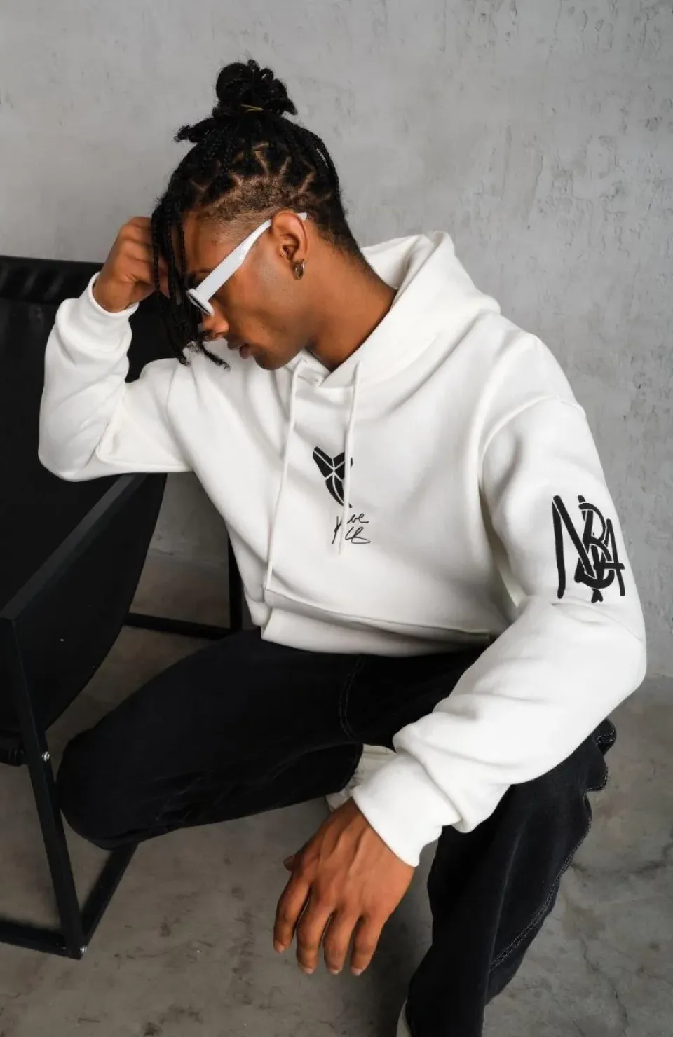 Erkek Baskılı Kapüşonlu Sweat - Beyaz