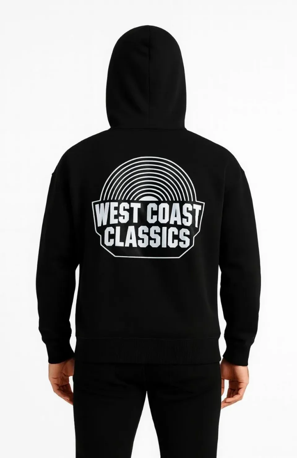 Erkek Kapşonlu Sweatshirt – Oversize Üç İplik Şardonlu Hoodie, “West Coast Classics” Ön & Arka Baskılı, Kanguru Cepli Kışlık Günlük Stil - Siyah