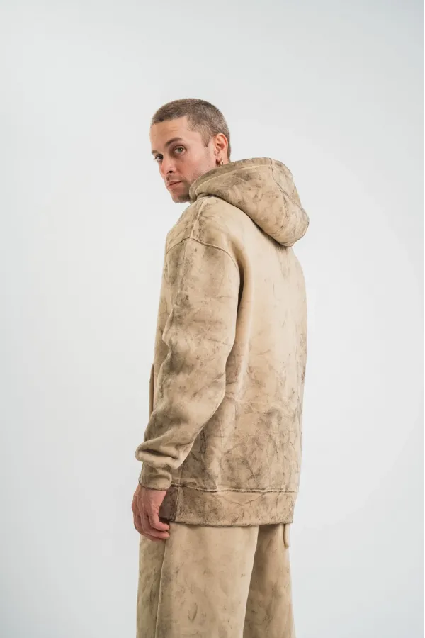 Unisex Double Oversize Kapşonlu Yıkamalı SweatShirt - Bej