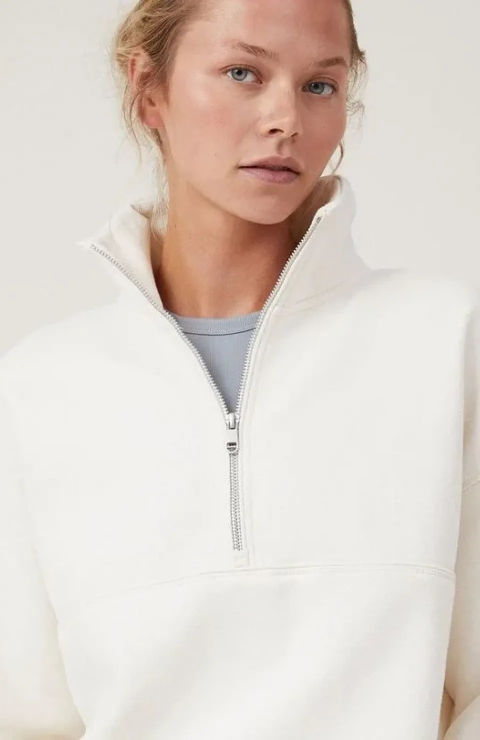 Oversize Yarım Farmuarlı Yakalı Basic SweatShirt - Beyaz