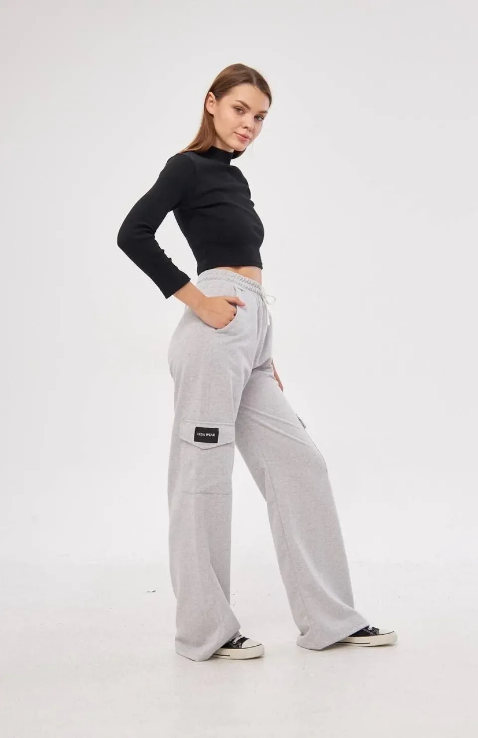 Kargo Cepli Palazzo Oversize Kesim İki iplik Bol Paça Eşofman Altı Pantalon - Gri