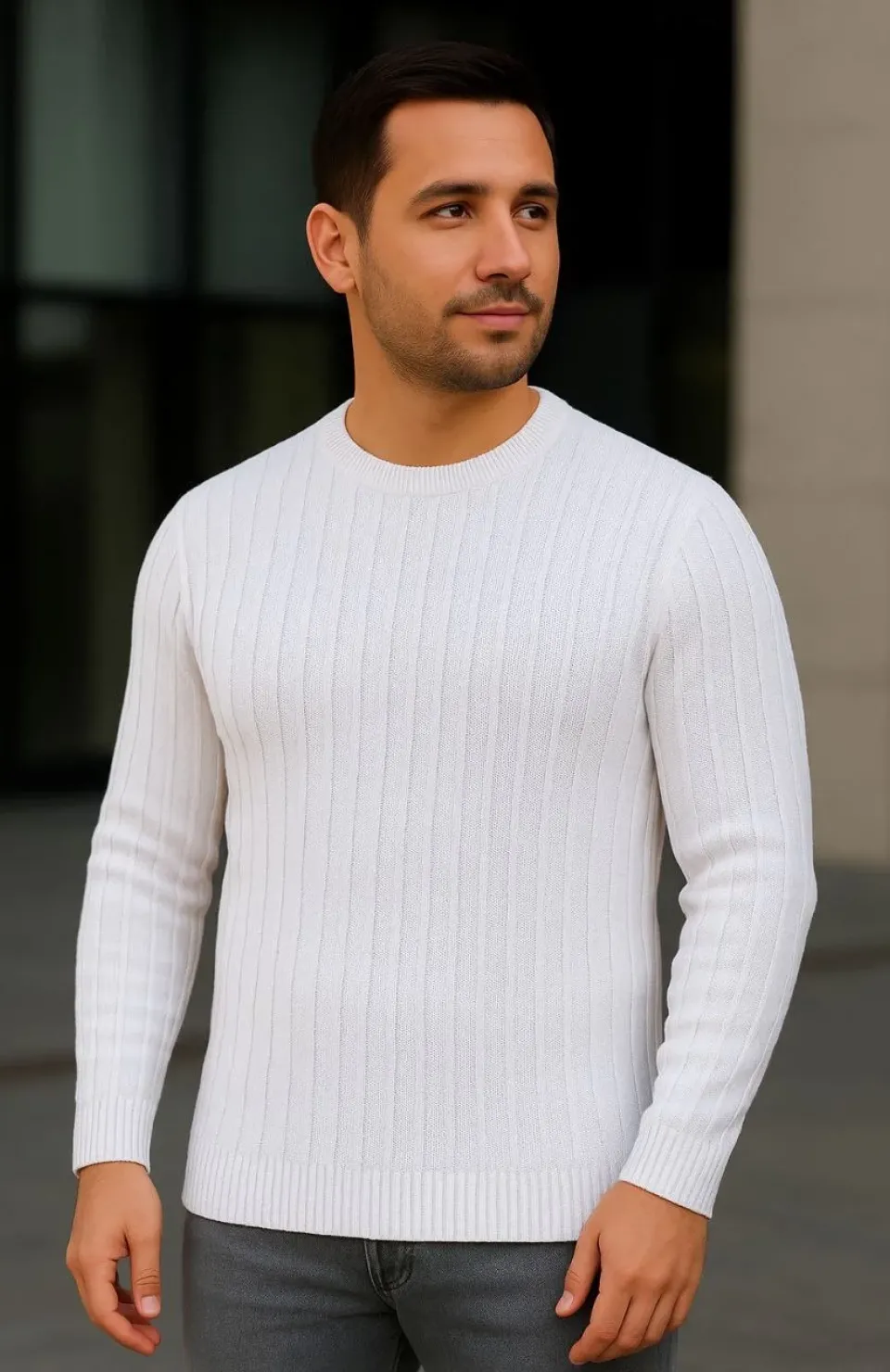 Erkek Bisiklet Yuvarlak Yaka Triko Kazak Pamuklu Kalın Fitilli Dokuma, Regular Fit Uzun Kollu Kışlık Model - Beyaz