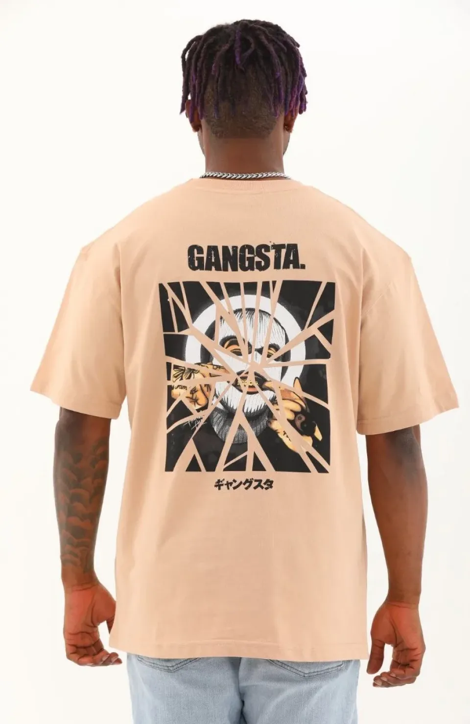 Unisex Oversize Baskılı Bisiklet Yaka T-Shirt - Bej