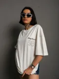 Unisex Bisiklet Yaka Baskılı Oversize T-Shirt - Beyaz