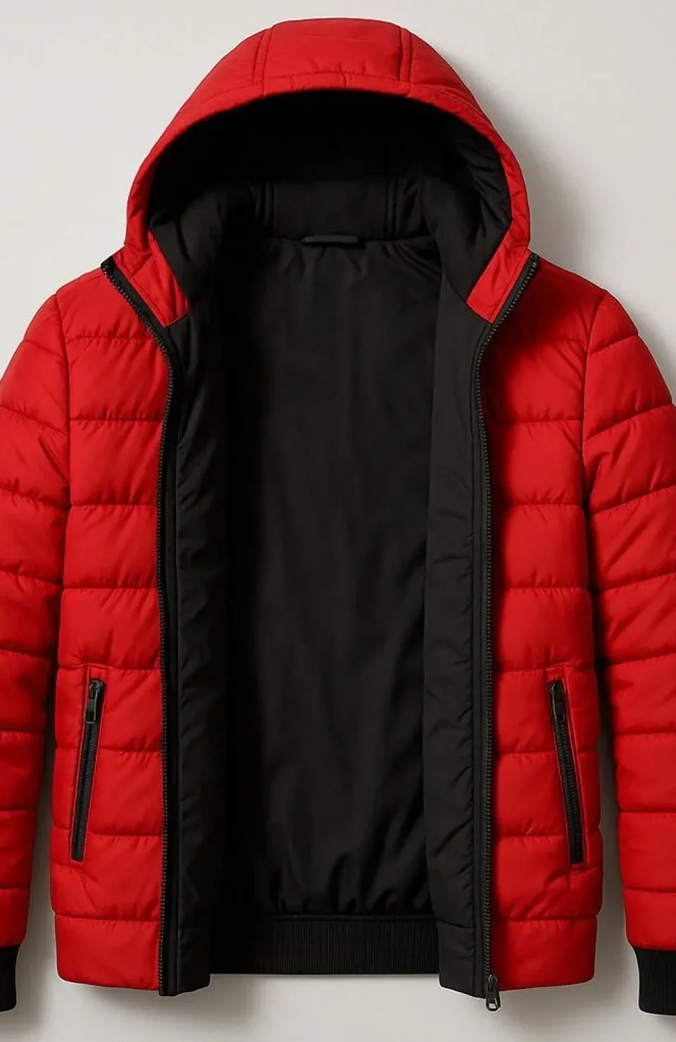 Erkek Şişme Kapüşonlu Fermuarlı Mont Su itici Kapitone Astarlı Kumaş Cepli Kışlık Rahat Kalıp - Kırmızı Somersan Giyim | Kadın, Erkek ve Çocuk Moda
