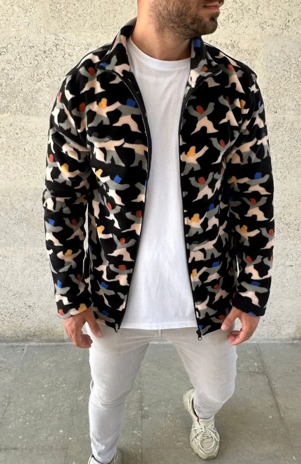 Erkek Tam Fermuarlı Desenli Polar Sweat – Siyah Multicolor Figür Desen Yakalı, Uzun Kollu, Oversize Rahat Kalıp- Siyah