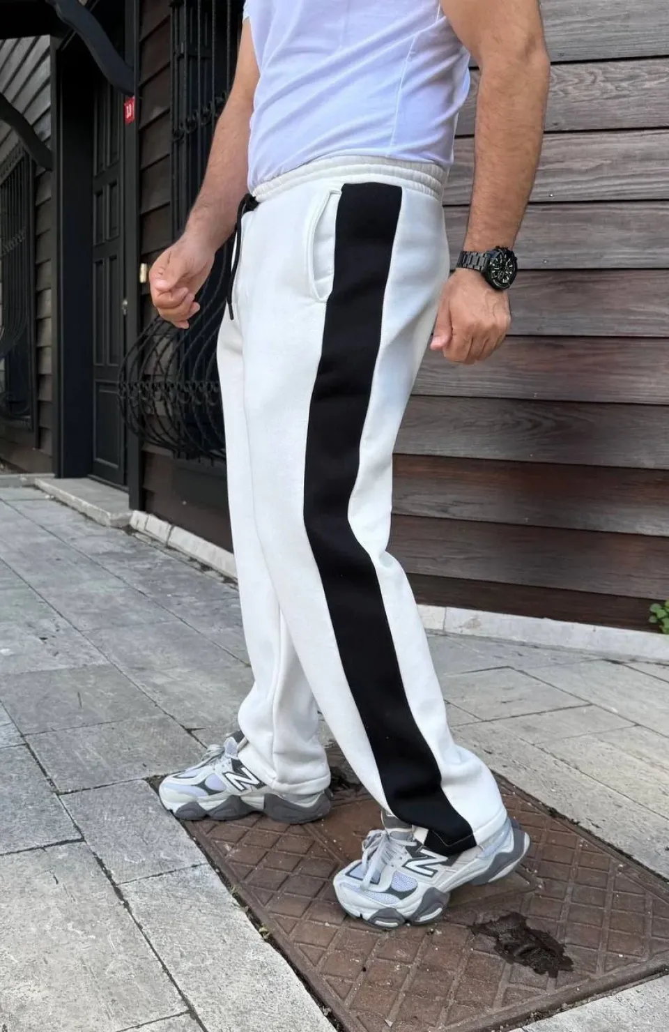 Erkek Üç İplik Kışlık Pamuklu Yandan Garneli Kalın Şeritli Cepli Eşofman Altı - Beyaz