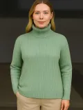 Kadın Balıkcı Yaka Bağazlı Triko Kazak Pamuklu Kalın Fitilli Dokuma - Mint Yeşili