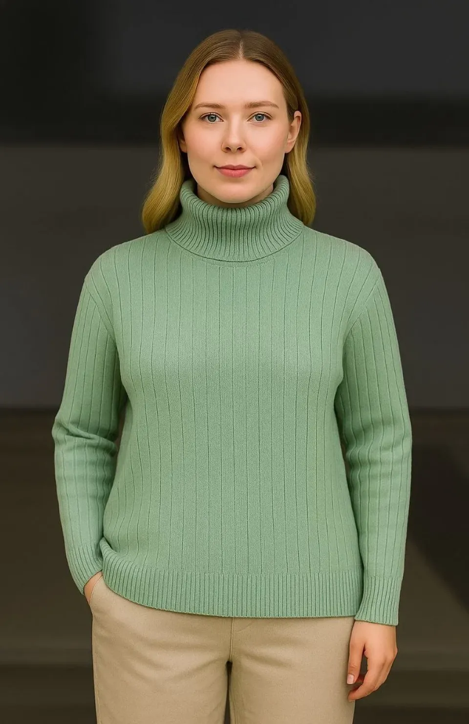 Kadın Balıkcı Yaka Bağazlı Triko Kazak Pamuklu Kalın Fitilli Dokuma - Mint Yeşili
