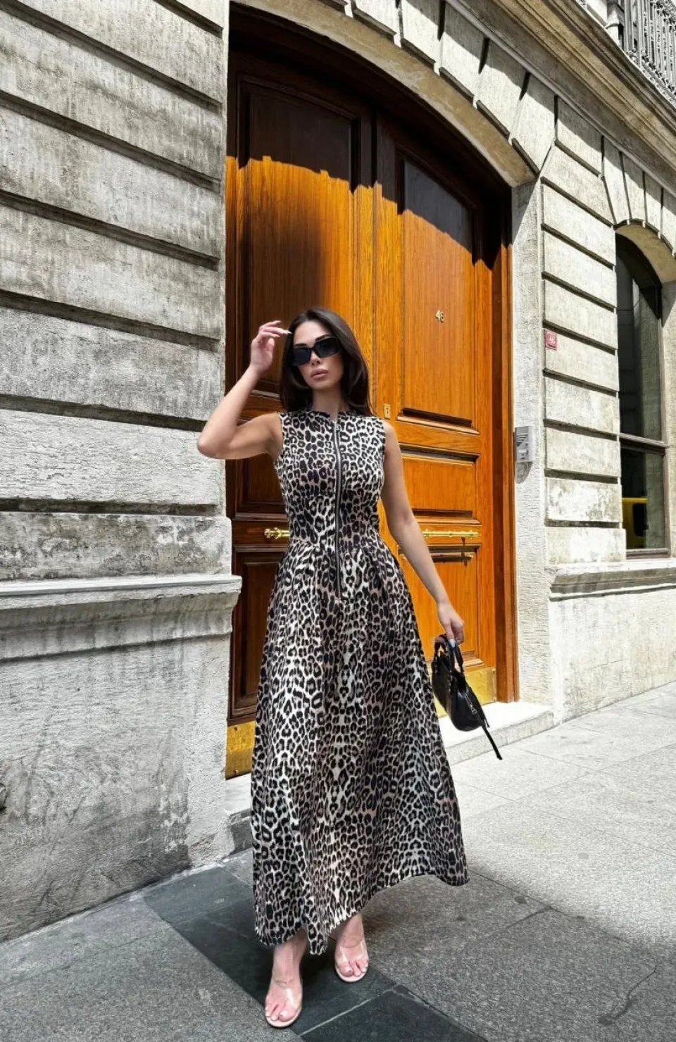 Leopar Desenli Fermuarlı Cepli Pileli Kadın Midi Elbise- Leopar