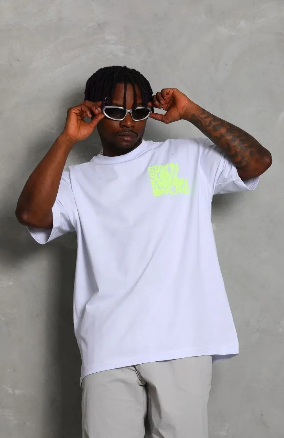 Unisex Oversize Baskılı Bisiklet Yaka T-Shirt - Beyaz