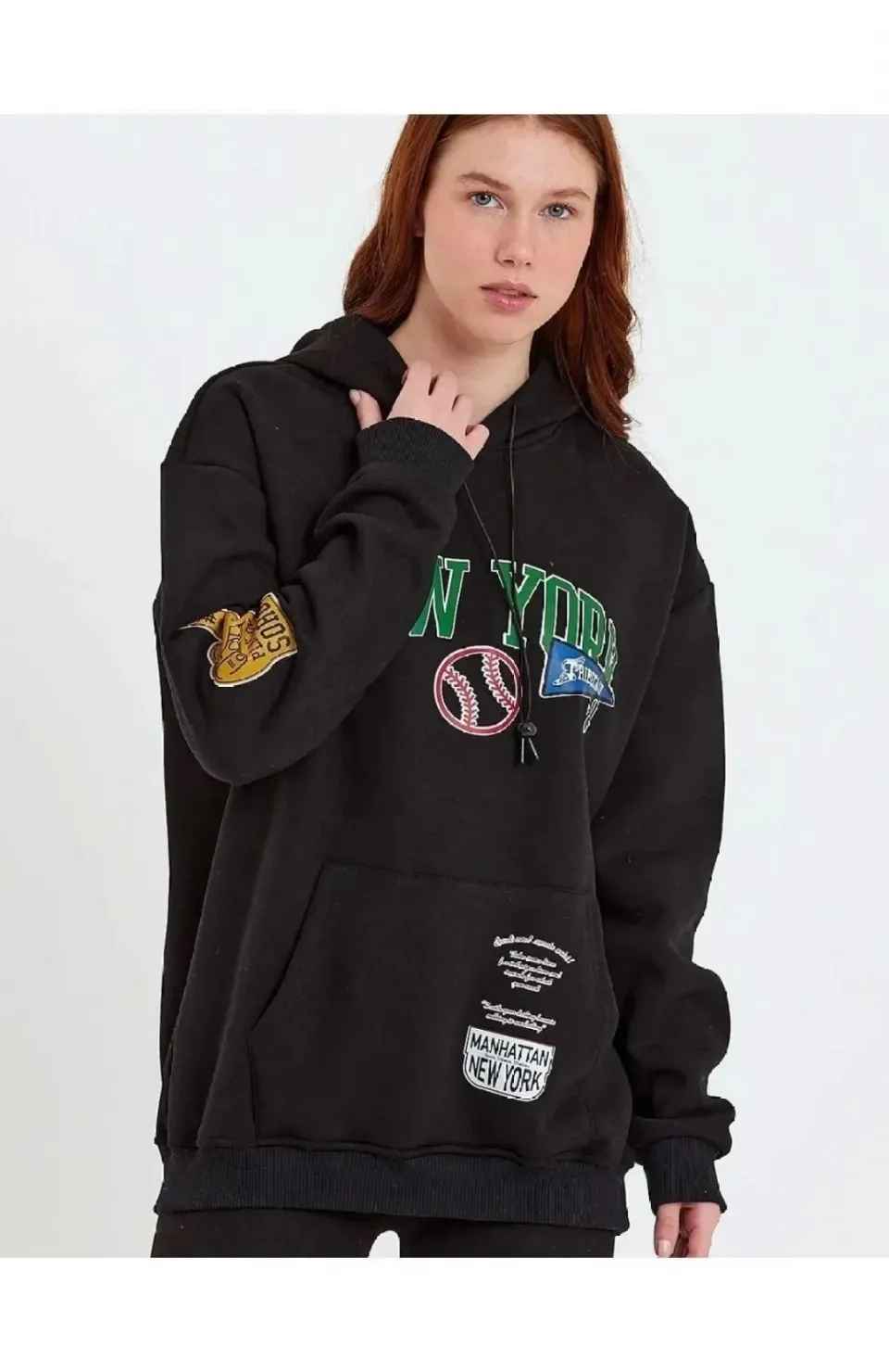 Kadın Baskılı Kapüşonlu Sweatshirt - Siyah
