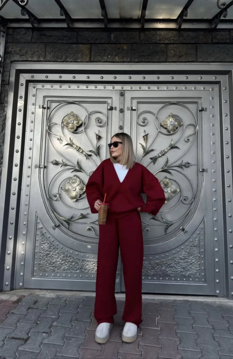 Geniş V Yaka Üç İplik Sweat Takım - Bordo