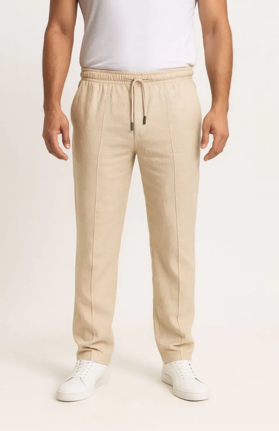 Erkek Keten Pantolon – Cepli, Beli Lastikli ve Bağcıklı, Nefes Alan Rahat Kalıp, Yazlık ve Baharlık Günlük Giyim, Şık & Konforlu Boru Paça Model - Bej