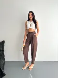Kadın Yüksel Bel Rahat Boru Paça Pantalon - Kahverengi