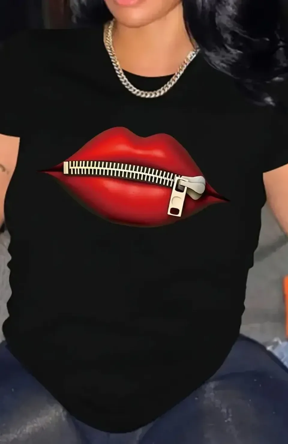 fermuar dudak baskılı tişört bisiklet yaka kısa kollu tişört - Siyah