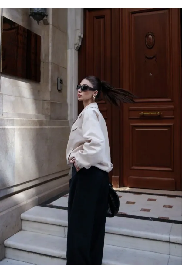 Fermuarlı Gömlek Yaka Bomber Ceket - Beyaz