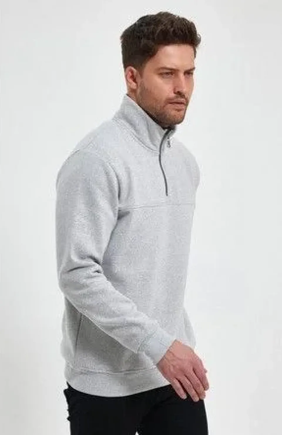Oversize Yarım Farmuarlı Yakalı Basic SweatShirt - Gri
