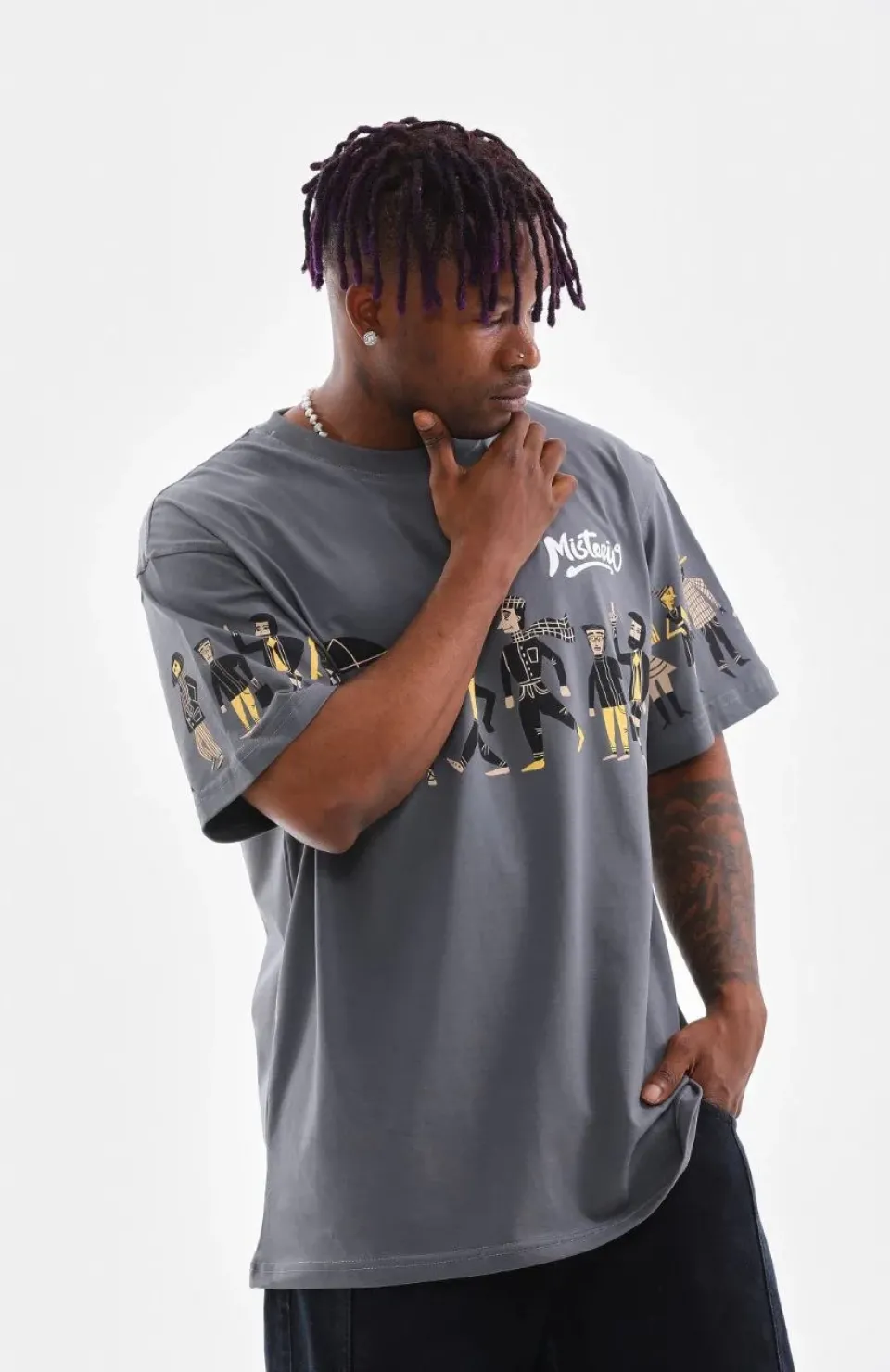 Unisex Bisiklet Yaka Baskılı Oversize T-Shirt - Gri