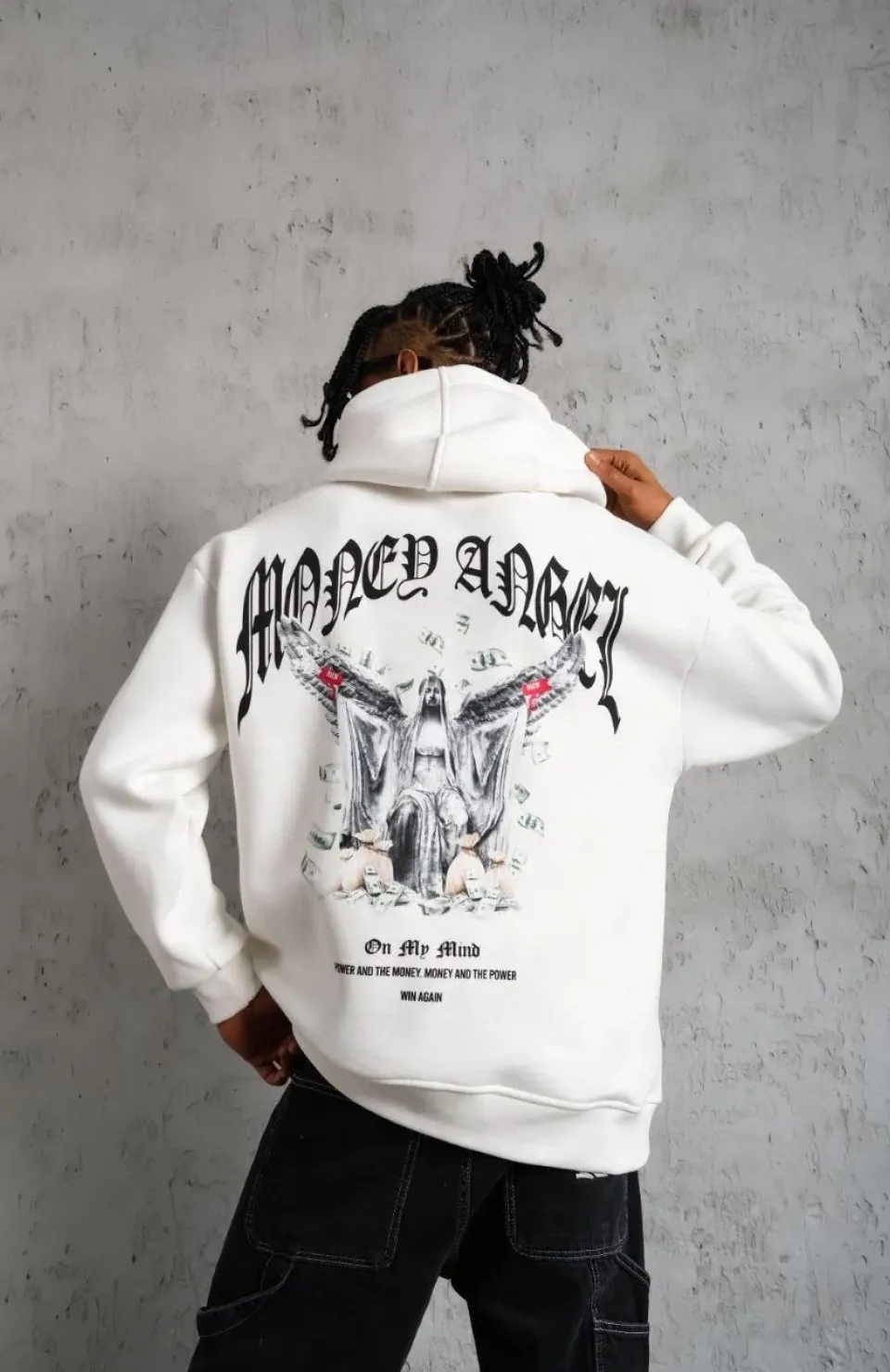 Erkek Kordon İpli Baskılı Kapüşonlu Sweatshirt - Beyaz