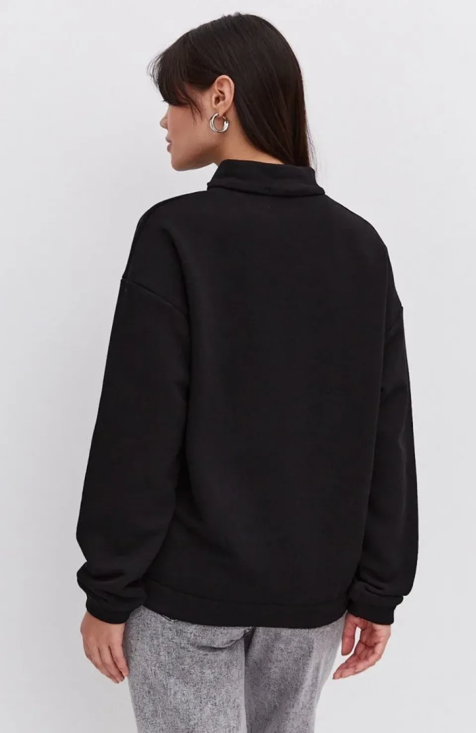 Oversize Yarım Farmuarlı Yakalı Basic SweatShirt - Siyah