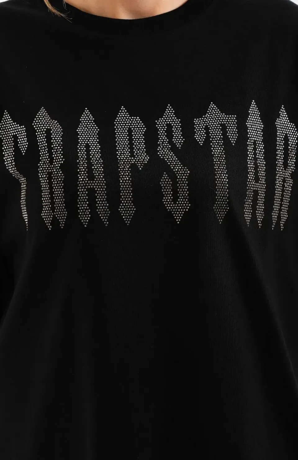 Unisex Taş Desenli Oversize T-Shirt - Siyah