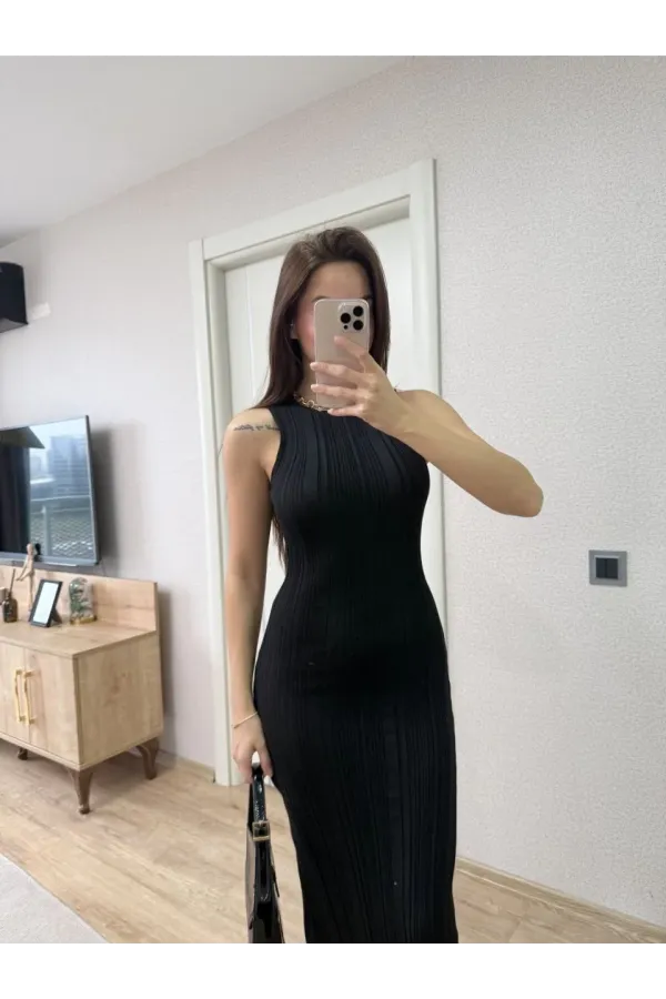 Fitilli Triko Elbise Kolsuz Sırtı Kapalı Maxi Uzun Boy - Siyah