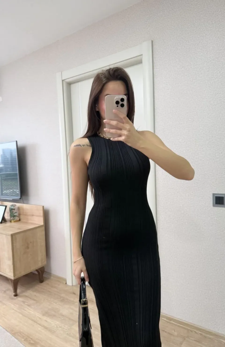 Fitilli Triko Elbise Kolsuz Sırtı Kapalı Maxi Uzun Boy - Siyah