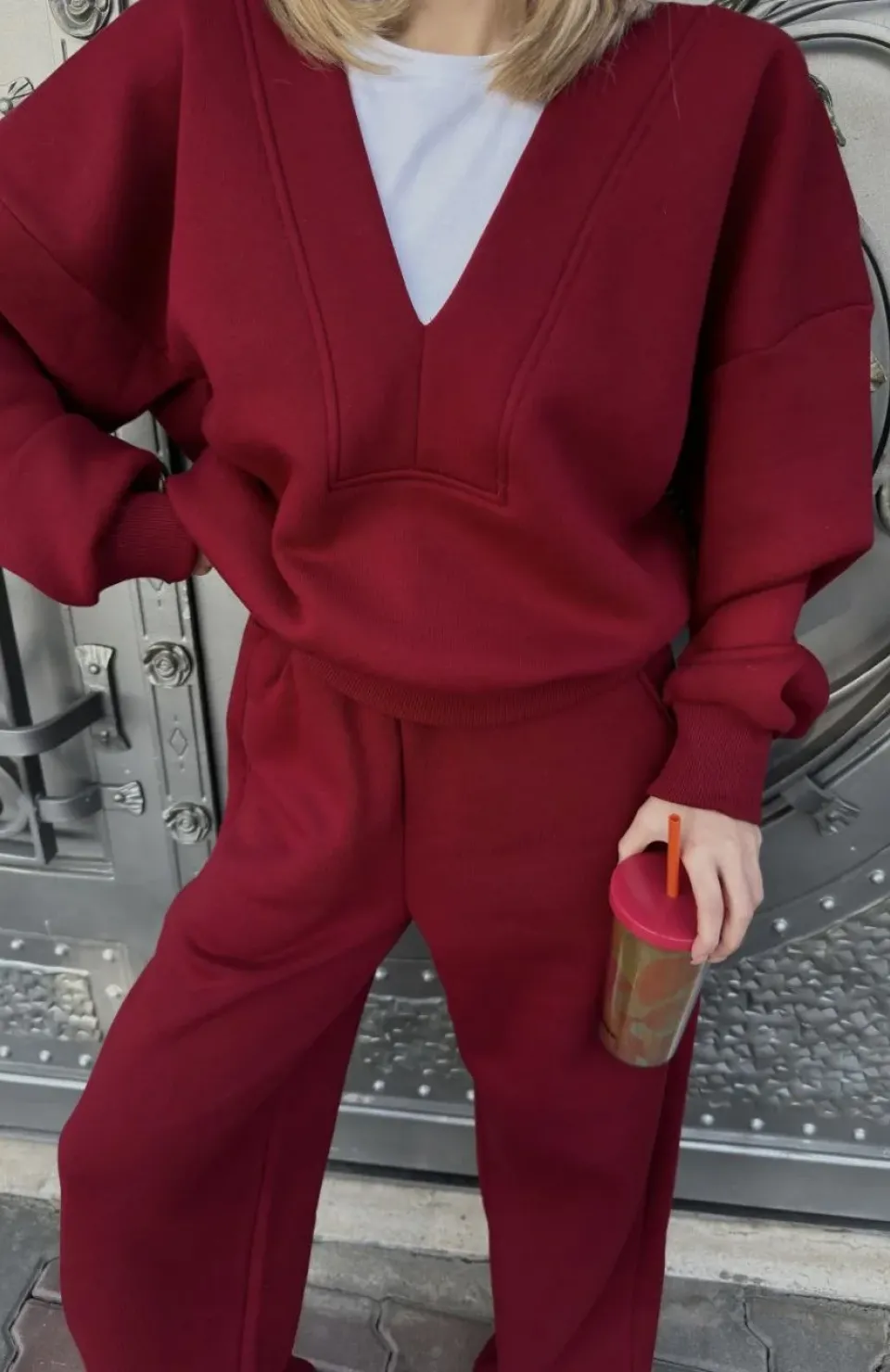 Geniş V Yaka Üç İplik Sweat Takım - Bordo