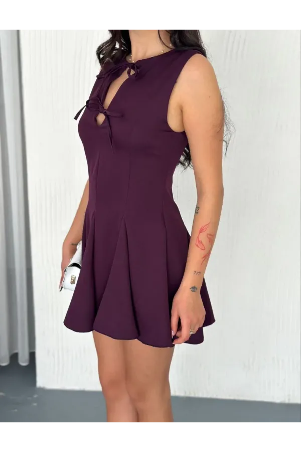 Göğüs Bağlamalı Kolsuz Mini Boy Elbise - Gül Kurusu