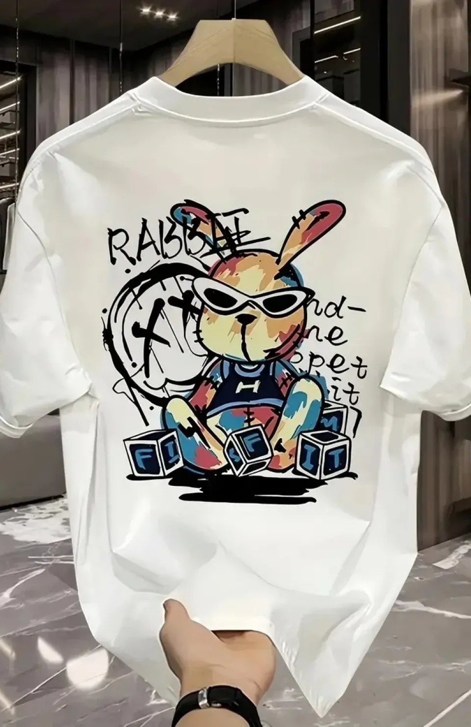 Güneş Gözlüğü Grafikli Karikatür Tavşan Oversize Kısa Kollu Tişört Çift Tişört, İlkbahar Ve Yaz - Beyaz