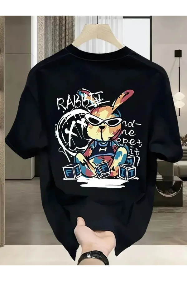 Güneş Gözlüğü Grafikli Karikatür Tavşan Oversize Kısa Kollu Tişört Çift Tişört, İlkbahar Ve Yaz- Siyah