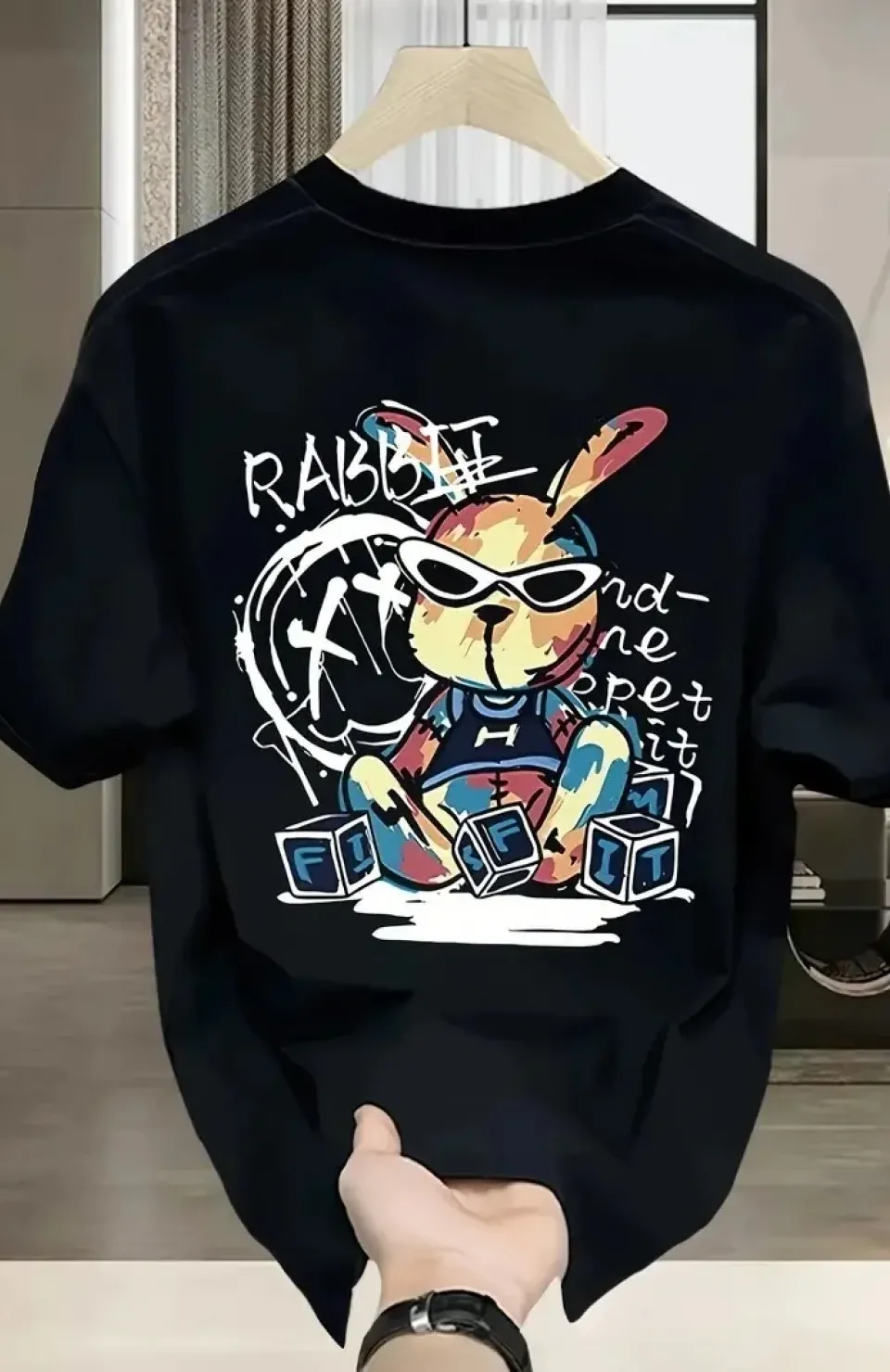 Güneş Gözlüğü Grafikli Karikatür Tavşan Oversize Kısa Kollu Tişört Çift Tişört, İlkbahar Ve Yaz- Siyah