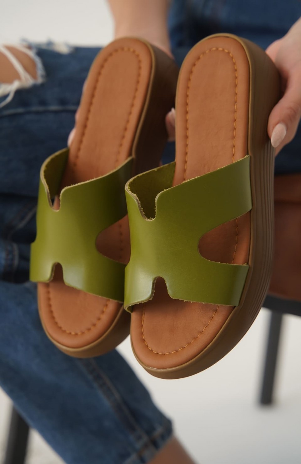 Haki Yeşil Hakiki Deri Terlik TR31MY54G Somersan Giyim | Kadın, Erkek ve Çocuk Moda