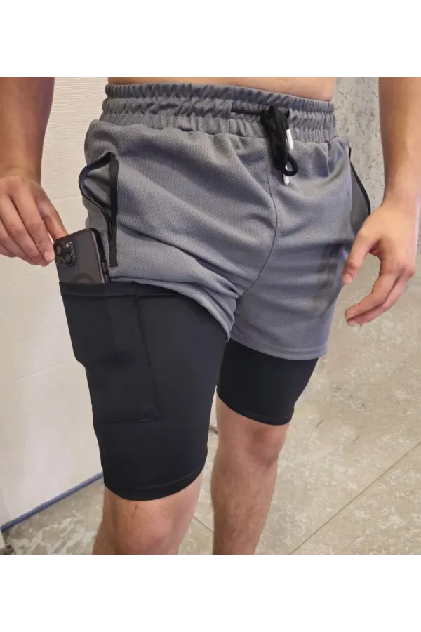 İç Cepli Sporcu Alt Taytlı Şort - GRİ