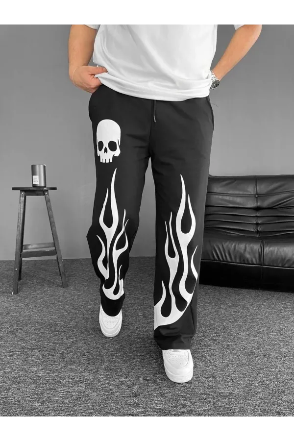 İki İplik Kumaş Baskılı Beli Lastikli Boru Paça Baggy Alt Esofman - Siyah