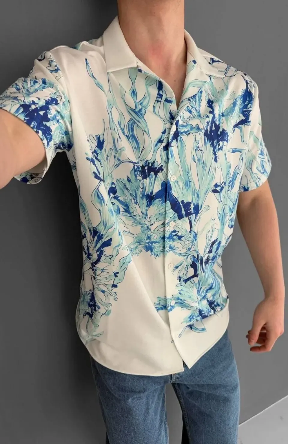 İki İplik Kumaş Baskılı Gömlek - Beyaz