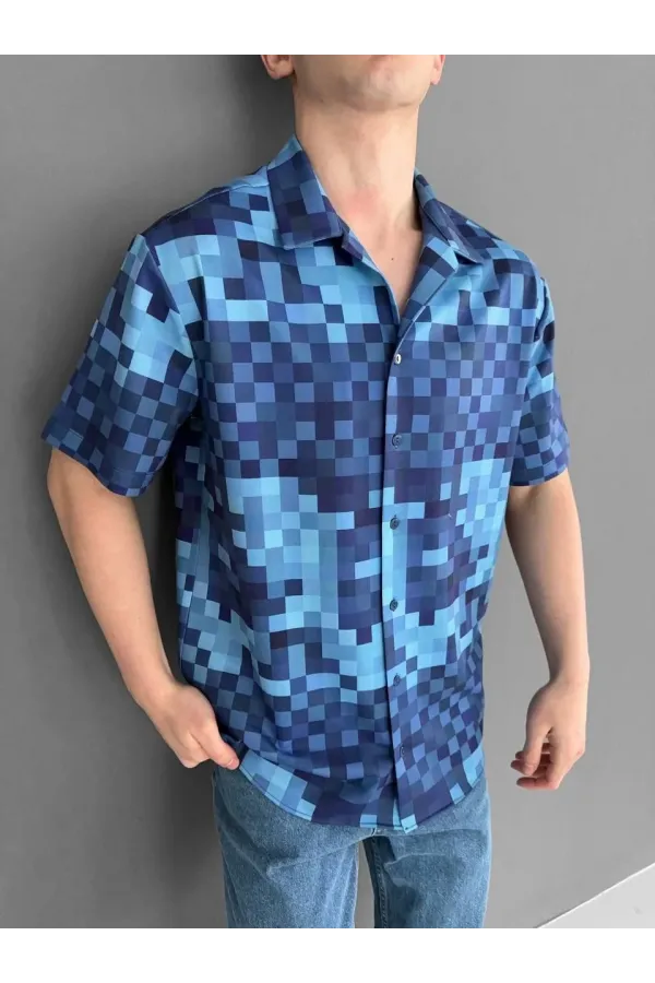 İki İplik Kumaş Baskılı Gömlek - Mavi