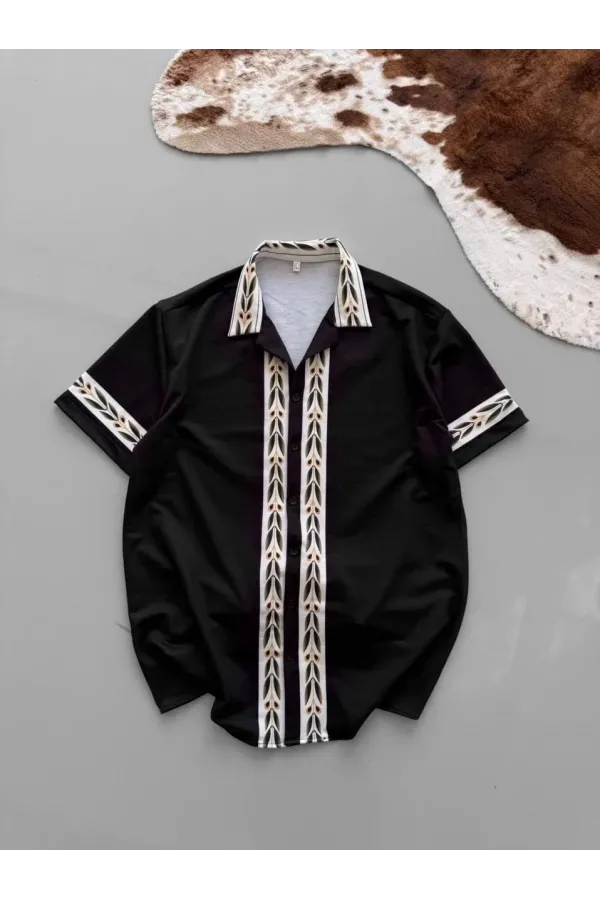 İki İplik Kumaş Baskılı Gömlek - Siyah