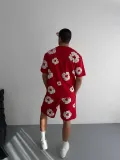 İki İplik Kumaş Baskılı T-shirt Şortlu Takım- Kırmızı