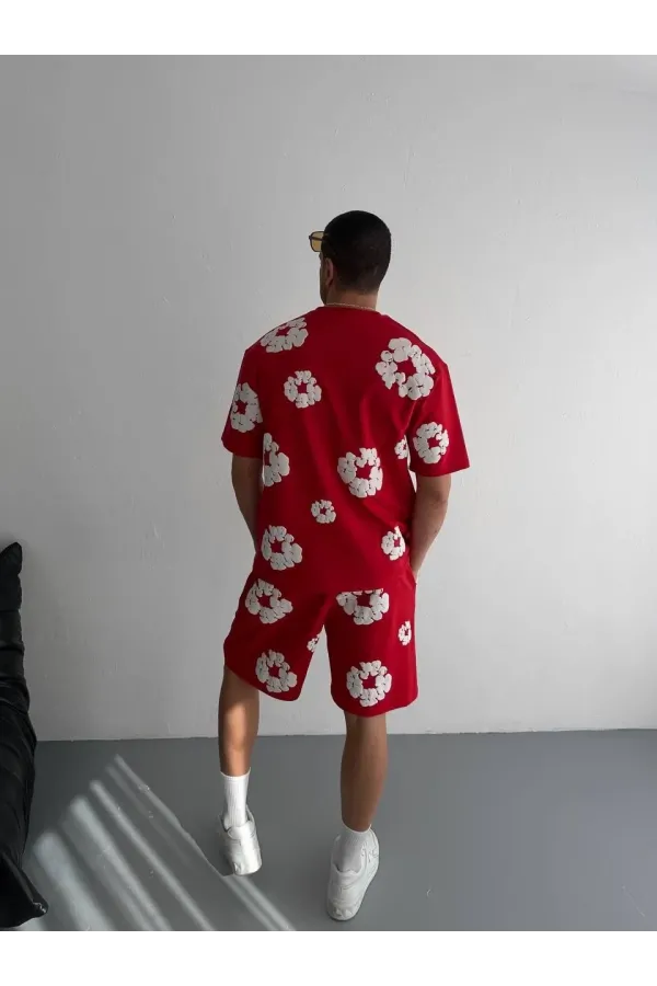 İki İplik Kumaş Baskılı T-shirt Şortlu Takım- Kırmızı