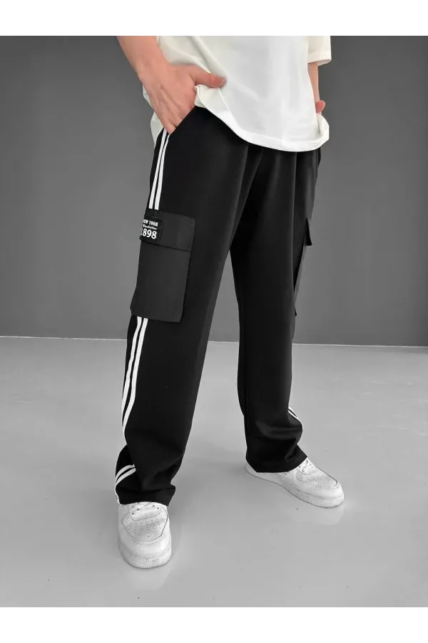 İki İplik Kumaş Kargo Cepli Şeritli Alt Esofman - Siyah