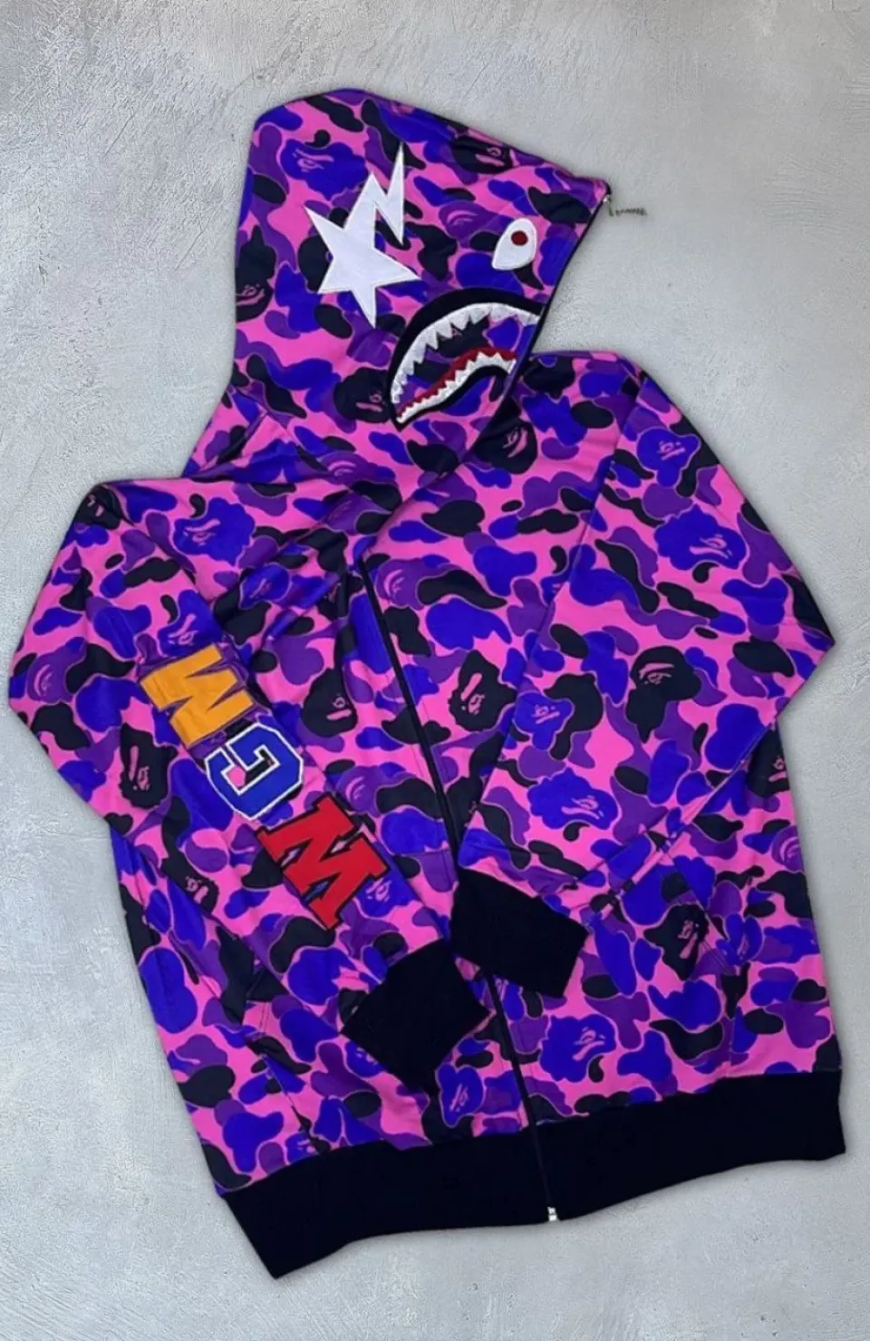 İki İplik Zıp Fermuarlı Nakışlı Kapüşonlu Hırka - Mor